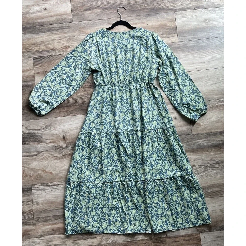 New Gilli Dress Blue Green Leaf-Print V-Neck Maxi Boho Dress Medium Rayon Lined - Picture 2 of 7
